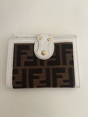 Fendi Brown FF Canvas Wallet with White Leather Trim